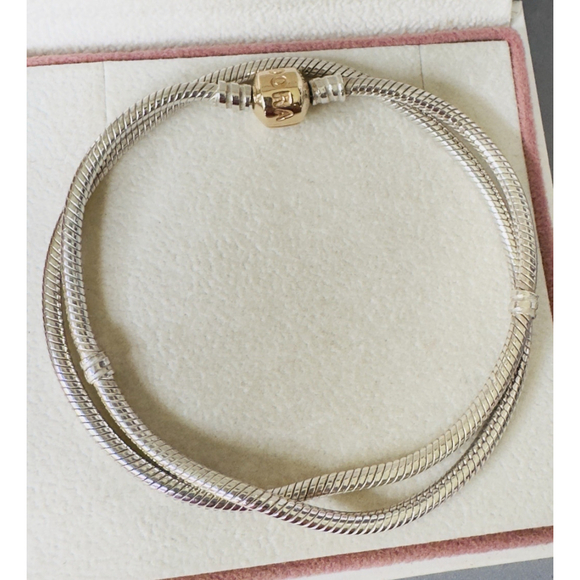 Genuine Pandora Sterling Silver 925 Moments 14k Gold Claps; Necklace 16.9”